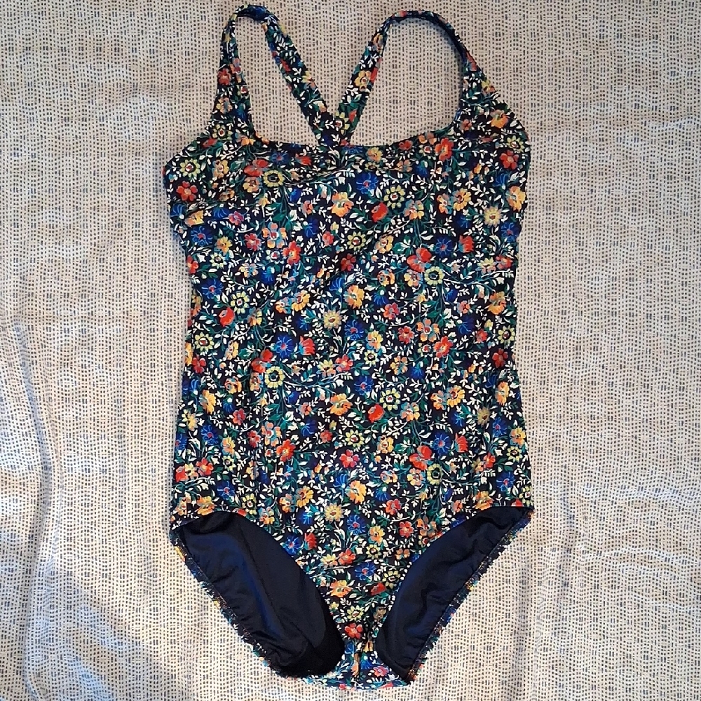 Lands' End Tugless Tank X-back Racerback One Piece Swimsuit Size 14 Floral Print
